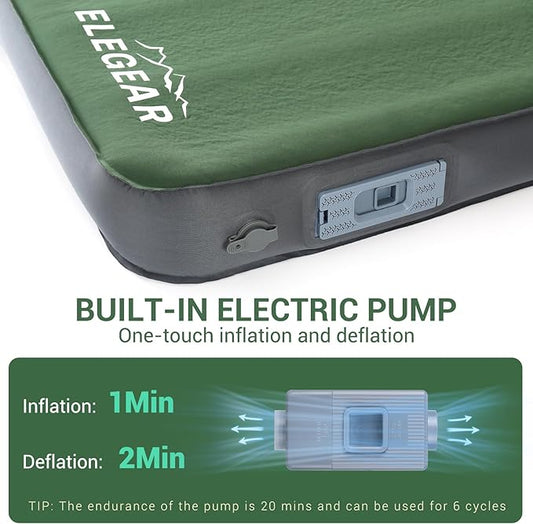 Elegear Air & Foam Self Inflating Sleeping Pad, Built-in Electric Pump 4" Ultra-Thick Memory Foam Camping Mattress with Pillow Camping Pad 4-Season R-Value 9.5 Camp Mat for Car/Traveling - Single