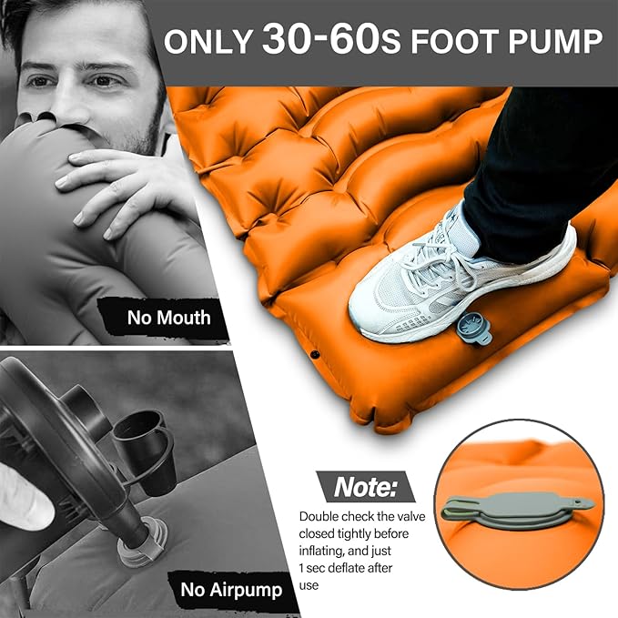 Camping Sleeping Pad, Ultralight Camping Pad with Pillow Built-in Foot Pump Inflatable Sleeping Mat Compact for Camping Backpacking Hiking Traveling - Orange, Single