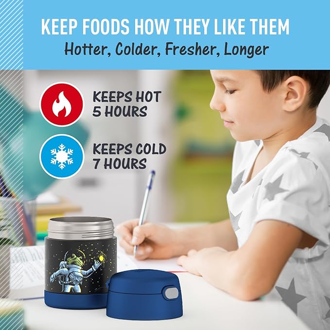 THERMOS FUNTAINER 10 Ounce Stainless Steel Vacuum Insulated Kids Food Jar with Spoon, Space Frog