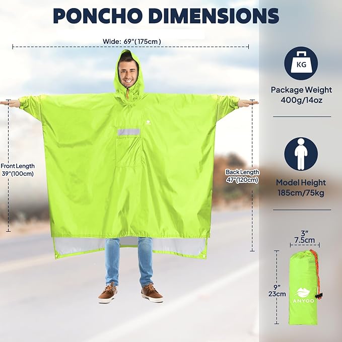 ANYOO Hooded Rain Poncho for Adults Waterproof Lightweight Rain Coat for Men Women Reusable Rain Jacket for Emergency Outdoor