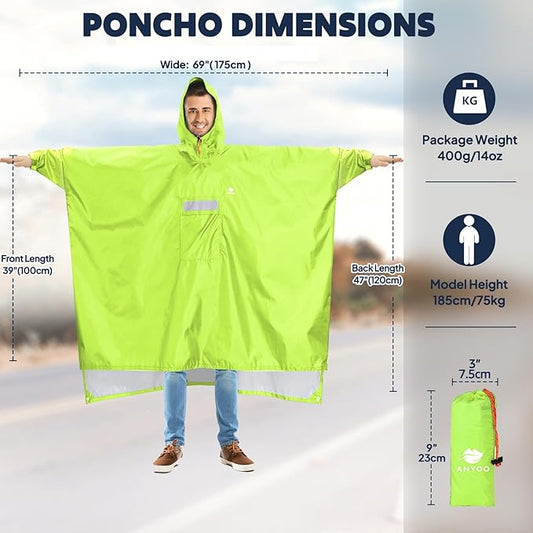 ANYOO Hooded Rain Poncho for Adults Waterproof Lightweight Rain Coat for Men Women Reusable Rain Jacket for Emergency Outdoor