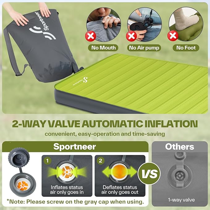 Sportneer Self Inflating Sleeping Pad, 4" Ultra-Thick Elasticity Foam Camping Mat with 10 R Value, 4-Season Insulated Durable Camping Pad Air Mattress for Car Travel Tent Home, 78" x 30"