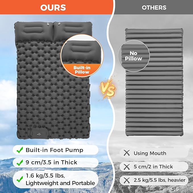 KingCamp Sleeping Pad for Camping, Inflatable Sleeping Pad Ultralight Connectable Camping Mattress with Pillow Built-in Foot Pump for Backpacking Hiking Tent Cot