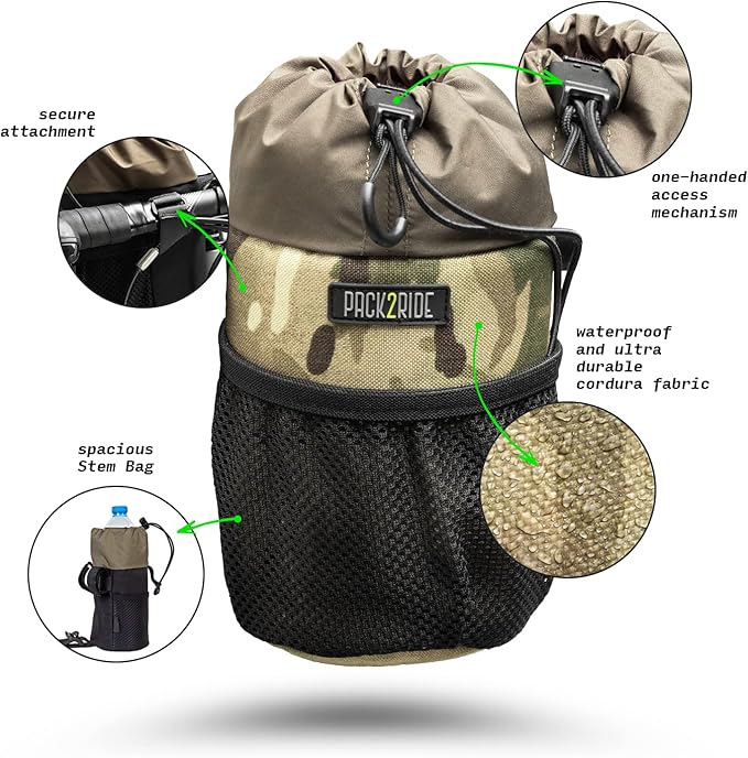 Bongo Bike Handlebar Bag - Water Resistant & Durable Fabric Bicycle Water Bottle Holder, Secure Attachment Bikepacking Stem Bag, Front Biking Storage, Bike Organizer for Cycling - Camo