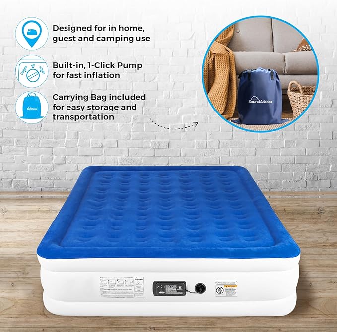 SoundAsleep Dream Series Luxury Air Mattress with ComfortCoil Technology & Built-in High Capacity Pump for Home Camping- Double Height, Adjustable, Inflatable Blow Up, Portable - California King XL