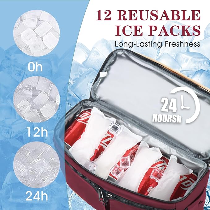 Backpack Cooler with Double Decker & 12 Ice Packs- Keeps 36 Cans Cold for Up to 24 Hours- Waterproof & Leak Proof Insulated Cooler Backpack- Stylish Cooler Bookbag for Women Travel Work Beach