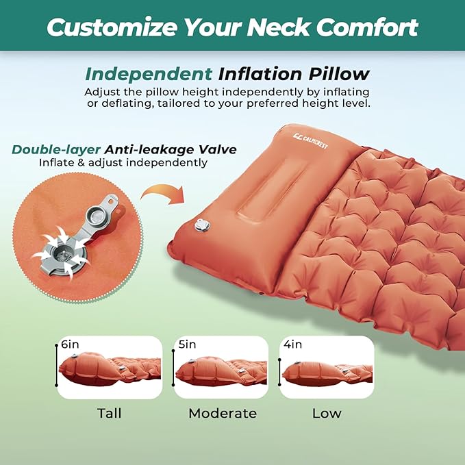 Sleeping Pad for Camping, Ultralight Inflatable Camping Mattress with Adjustable Pillow, Compact Sleeping Mat with Built-in Foot Pump, 4in Thick Air Mattress for Camping, Hiking-Orange