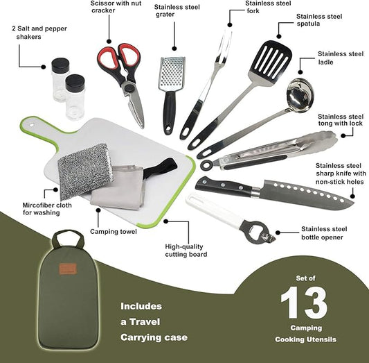 Camp Kitchen Utensil Organizer Travel Set Portable BBQ Camping Cookware Stainless Steel Utensils Travel Kit Outdoor Equipment Cutting Board Tongs Scissors Knife Ladle Spatula