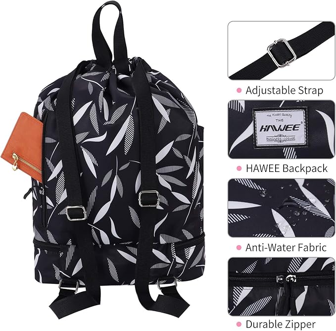 Dry Wet Drawstring Backpack with Shoe Compartment for Women Adjustable Gym Bag