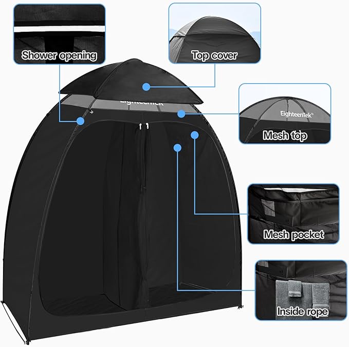 EighteenTek Shower Tent Camping, 2-Room Portable Changing Room, Outdoor Shower Enclosure, Pop Up Privacy Tent Shelter with Floor & Doors, Changing Tent, Camping Toilet, Bathroom