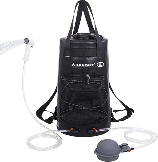 WILD HEART Camping Shower 22L/ 12L Portable Shower for Camping with Pressure Foot Pump and Hose - Solar Shower Bag Backpack for Camping, Road Trip & Outdoor Use