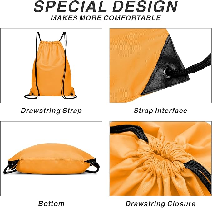 BuyAgain Drawstring Backpack Sports Water Resistant String Bag Sport Gym Sackpack for Women Men Large with Zipper, Orange