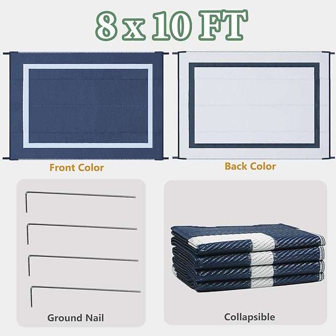 Ogrmar 8x10 FT Reversible Mats, Outdoor Rug for Patio Clearance, Waterproof Carpet, Plastic Straw Rug for Indoor Outdoor, Floor Mat&Rug for RV Porch Camping Backyard Deck Balcony Beach Trailer (Blue)