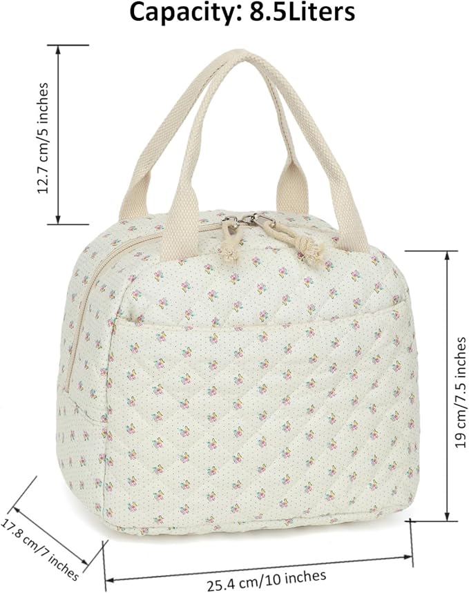 Insulated Lunch Bag, Quilted Beige Floral Design, Thermal Cooler Tote, Portable Large Capacity for Work, School, or Picnic, 8.5L
