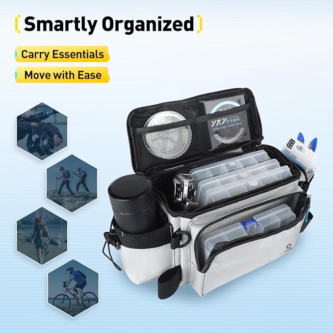 Small Fishing Bag with Rod Strap, Small Tackle Bag – Tackle Boxes & Gear,Portable & Lightweight, Move Freely, Cast Smoothly - Fishing Gifts for Men (Large - Light Grey)