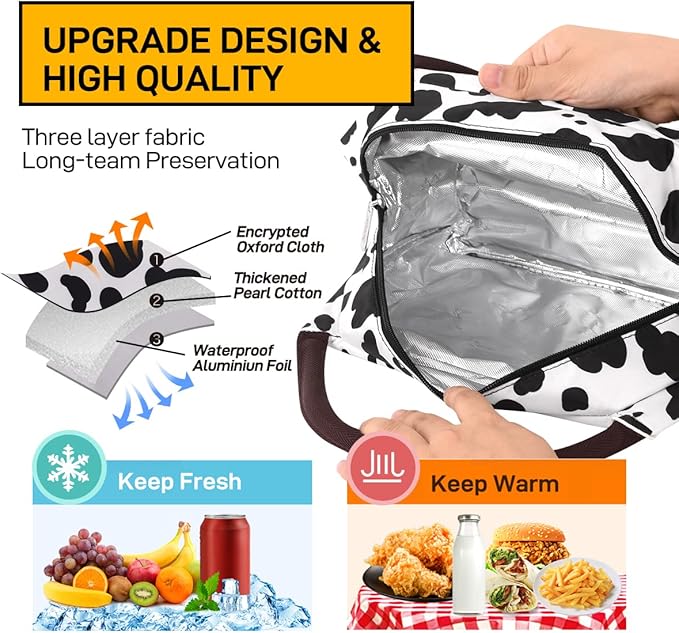 Buringer Insulated Lunch Bag Lunch Box for Women Men Adult Lunch Tote for Work Picnic Travel (Cow Print)