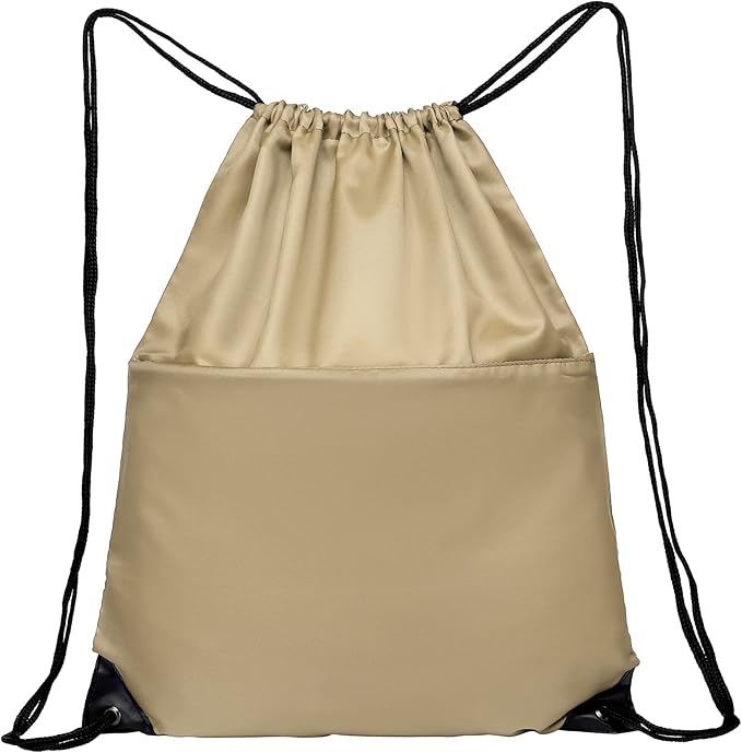 BuyAgain Drawstring Backpack Sports Water Resistant String Bag Sport Gym Sackpack for Women Men Large with Zipper, Khaki