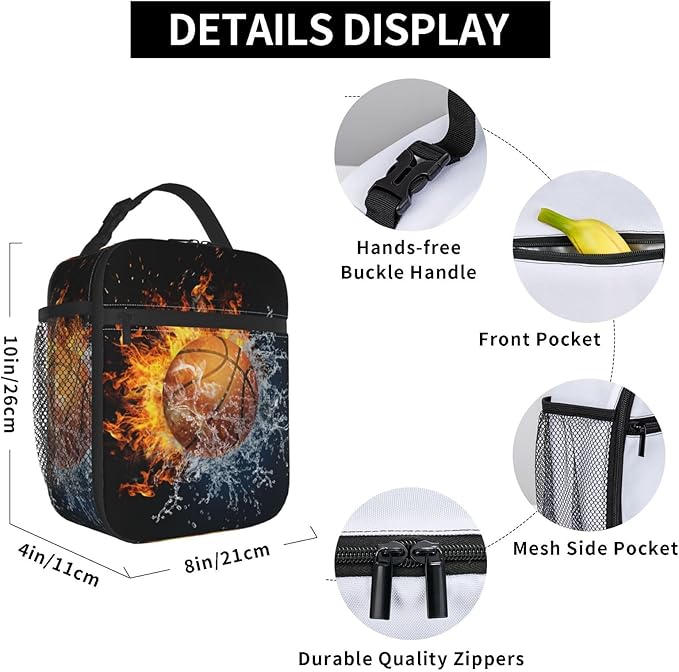 Fire And Water Basketball Portable Lunch Box, Cooler Bags Insulated Thermal Lunch Tote Bag with Shoulder Strap For Women Men Adults Work Travel