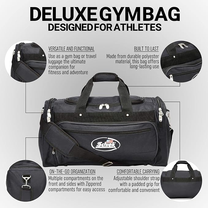 Schiek Sports Deluxe Gym Bag - Nylon Fabric Workout Bag with Adjustable Shoulder Strap