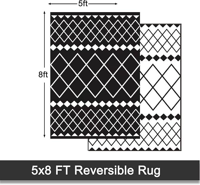 RURALITY Outdoor Rug 5x8 for Patios,Plastic Straw Waterproof Mats for Camping,Porch,RV,Picnic,Reversible,Geometric