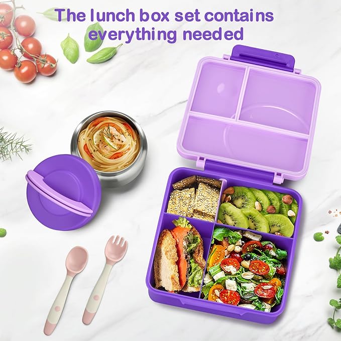 Bento Lunch Box Set for Kids with 8oz Soup Thermo, Leak-Proof Lunch Containers with 4 Compartment, Kids Thermo Hot Food Jar and Insulated Lunch Bag for Kid to School-Purple