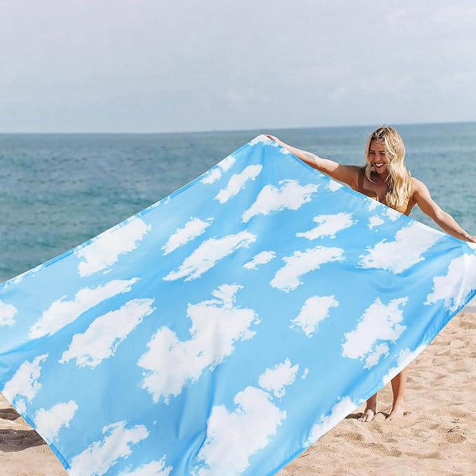SkyNautre Waterproof Sandproof Beach Blanket, 110''×118'' Oversized Sand Free Beach Mat with 4 Stakes & Storage Bag, Extra Large Big Compact Outdoor Essentials for Picnic, Camping - Clouds