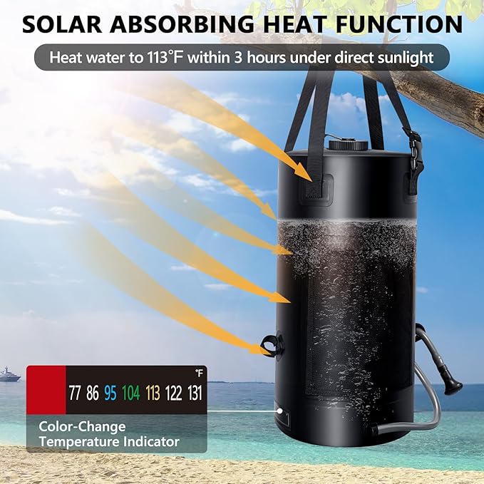 Solar Shower Bag, 5 Gal/20L Solar Heating Camping Shower Bag, Portable Shower with Reinforced Handles & Thick Tarpaulin, Solar Showers for Camping, Surfing, Outdoor Traveling, Hiking
