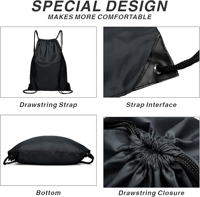 BuyAgain Drawstring Backpack Sports Water Resistant String Bag Sport Gym Sackpack for Women Men Large with Zipper, Black