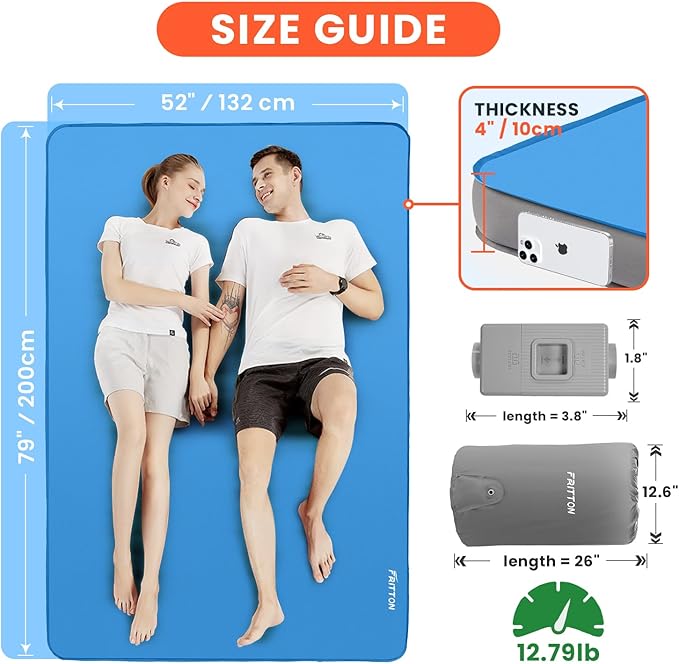 Self Inflating Sleeping Pad with Built-in Electric Pump, 4" Ultra Thick Memory Foam Double Camping Mattress, Fast Deflating Camping Sleeping Pad, 4 Season Insulated Sleeping Pad for Hiking, Tent, Car