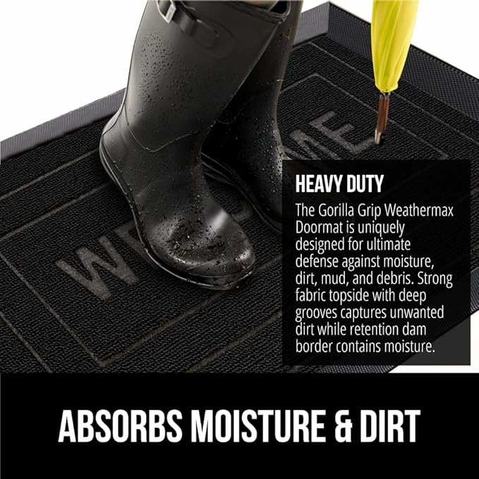 GORILLA GRIP 100% Waterproof All-Season WeatherMax Doormat, 47x35, Durable Natural Rubber, Stain and Fade Resistant, Low Profile, Indoor Outdoor Doormats, Easy Clean Patio Entry Mat, Black Welcome