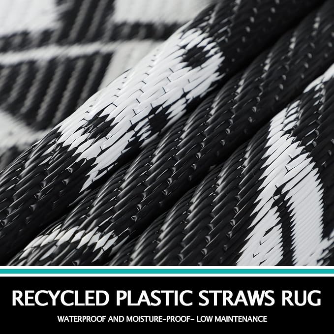 Capslpad 5Ft Round Outdoor Rug for Patio Reversible Mat Waterproof Plastic Straw Rug Boho Circle Indoor Outside Area Rug for RV Camping Picnic Pool Tent Balcony Beach Deck Doormats Decor, Black