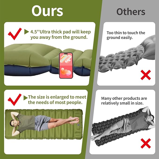 MEETSUN Insulated Sleeping Mat for Camping,50D Poly Pongee Fabric,Wear-Resistant,Enlarged Size,5" Thick Camping Mattress Pad with Built-in Foot Pump,Lightweight Sleeping Pad for Backpacking,Car,Tent.