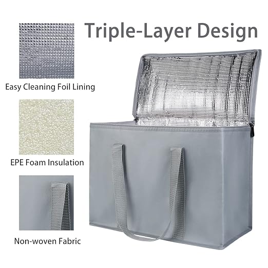 Bodaon 2-Pack Insulated Reusable Grocery Shopping Bags, X-Large Picnic Cooler Bag Zipper Zippered Top Cold, Grey