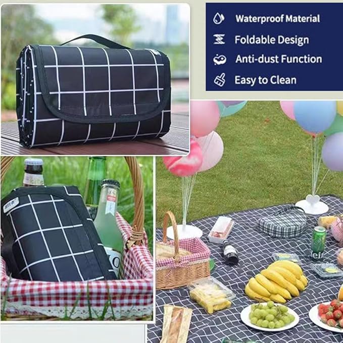 Extra Large Beach Blanket Outdoor Picnic Blankets, Foldable Waterproof Sand Free Picnic Mat for Festival BBQ Park Grass Lawn Camping Hiking Travel Concerts (Black, 80x80 in)