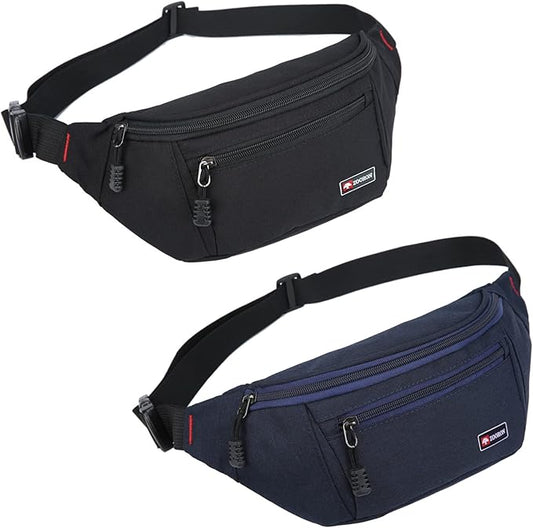 2 Packs Fanny Packs for Men and Women, Water Resistant Sports Waist Pack Bag Hip Bum Bag for Travel Hiking Running (Black + Blue)