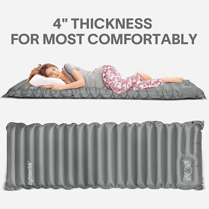 EighteenTek Sleeping Pad Mat Camping Sleeping Pad, Thick 4 Inch Camp Mattress Pad, Built-in Foot Pump Fast Self Inflating Sleeping Pad Backpacking for Hiking Ultralight