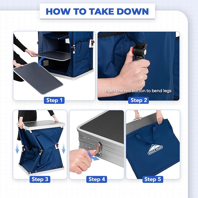 EAGLE PEAK Outdoor Folding Camping Table with Large 3-Tier Storage Organizer and Side Pockets, Easy Set Up Portable Aluminum Camping Kitchen, Blue