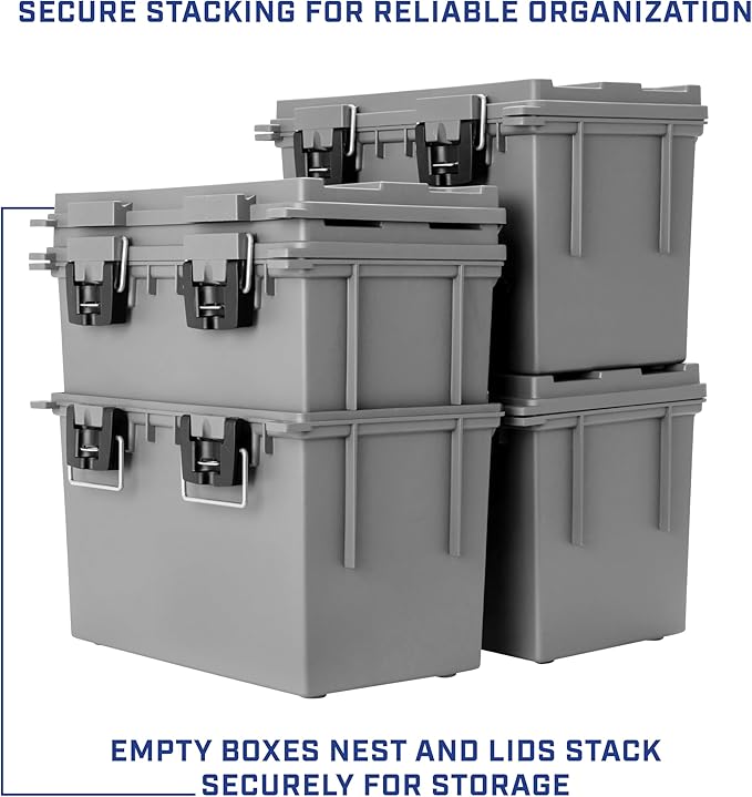 Sheffield 12775 2-Pack XL Ammo Storage Box, Stackable .50 Cal Field Boxes, Water and Dust Resistant, Lockable Storage Box with Handle, Heavy Duty Protection for Hunting Gear, Made in the USA, Gray