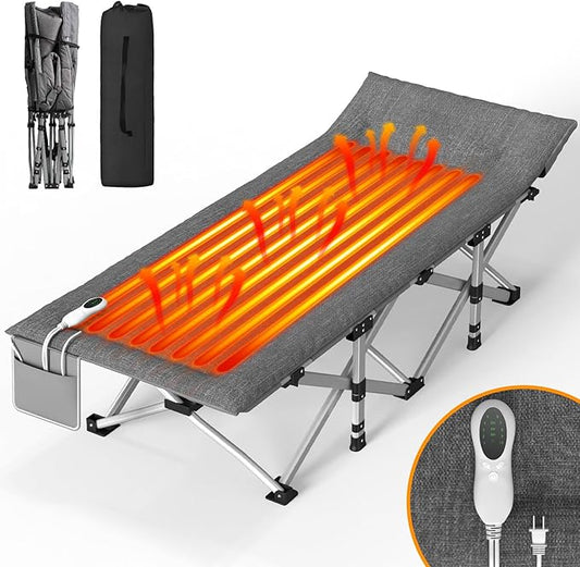 ZENPETIO Heated Camping Cot for Adults, Durable Foldable Cot Bed with Pad & Carry Bag, Portable Sleeping Cot for Camping Home Guest Stay, Direct Plug-in Design for Reliable Heating, Gray