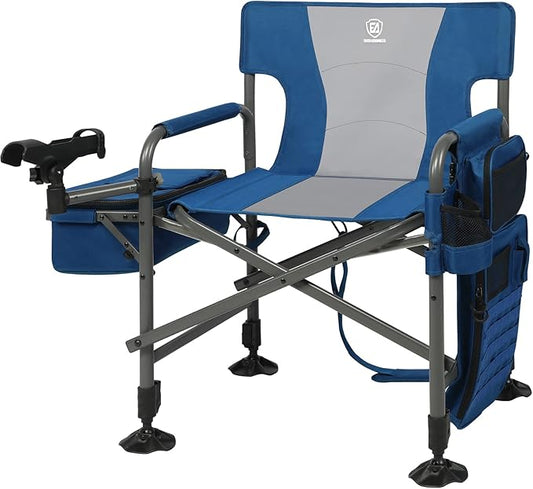 EVER ADVANCED Fishing Chair with Rod Holder and Cooler, All Terrain Ice Fishing Chair with Adjustable Feet, Mesh Back Folding Camping Chair with Shoulder Strap, Heavy Duty Supports 350LBS