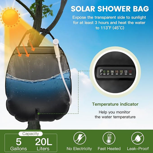 sapsisel Camping Shower Bag, 5 Gal/20L Solar Heating Camping Shower with Upgraded Hose and Shower Head,Portable Shower for Camping Hiking, Traveling