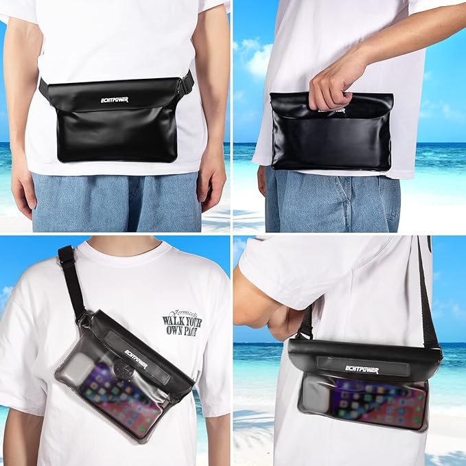 ECHTPower 2-Pack Waterproof Pouch Bag, Waterproof Fanny Pack, Waterproof Dry Bag with Adjustable Waist Strap for Beach Swimming Kayaking Floating Boating