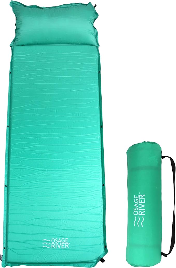 OSAGE RIVER Self Inflating Sleeping Pad with Built-in Pillow, Compact Memory Foam Sleep Mat, Camping Air Mattress for Tent, Travel, Backpacking, or Hiking