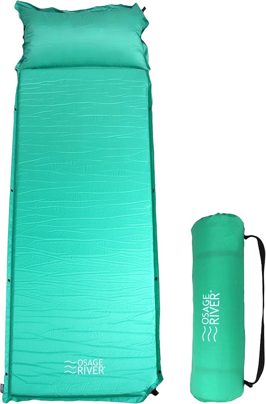 OSAGE RIVER Self Inflating Sleeping Pad with Built-in Pillow, Compact Memory Foam Sleep Mat, Camping Air Mattress for Tent, Travel, Backpacking, or Hiking