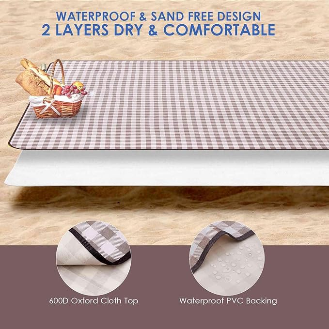 GIVERARE Picnic Beach Blanket Extra Large, XL Sandproof Waterproof Outdoor Camping Blankets 80x60in, Sand Free Oversized Mat, Quick Drying Portable Mats for Travel, Hiking, Music Festival, Lawn-Brown