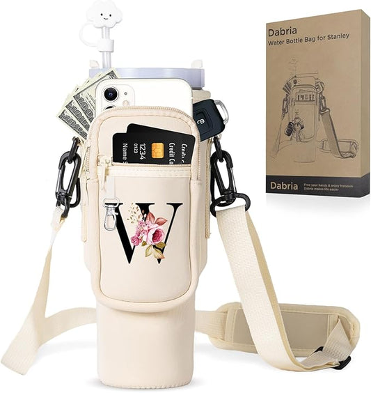 dabria Initial A-Z Water Bottle Bag with Phone Pocket for Stanley 40 oz Tumbler Neoprene Water Bottle Holder Pouch with Adjustable Strap Bollus with Straw Cover & Carabiner for Stanley Cup Accessories