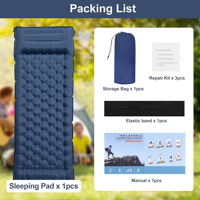 Camping Sleeping Pad, 50D Extra Thickness 4.7 Inch Inflatable Sleeping Mat Lightweight Waterproof Camping with Built-in Pump Air Mattress for Backpacking, Hiking, Tent, Traveling (Blue+Grey)