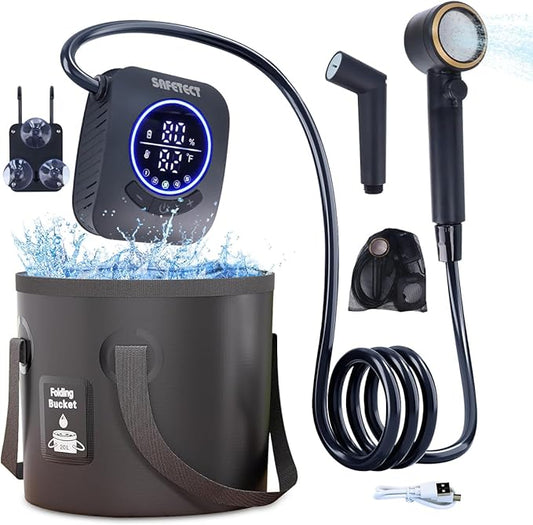 Portable Camping Shower Pump, 5 Speed Mode, 8000mAh Rechargeable Shower Pump, 4 Mode Shower Head and 20 L Foldable Bucket, Camp Shower for Hiking,Travel Beach, Pet Bath, Car Washing