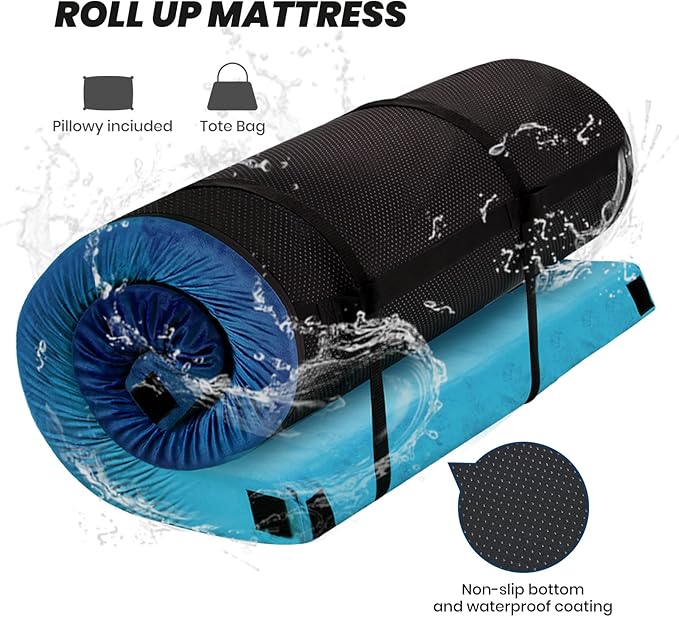Memory Foam Camping Pad, Camping Sleeping Pad, Camping Mattress Pad with Pillow & Travel Bag, Portable Floor Mat Roll Up for Guest Adults Side Sleepers Indoor Outdoor Travel