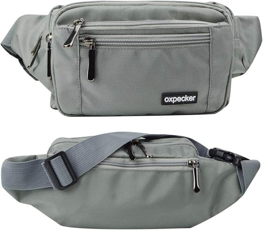 Oxpecker Waist Pack Bag with Rain Cover, Waterproof Fanny Pack for Men&Women, Workout Traveling Casual Running Hiking Cycling, Hip Bum Bag with Adjustable Strap for Outdoors (gray)